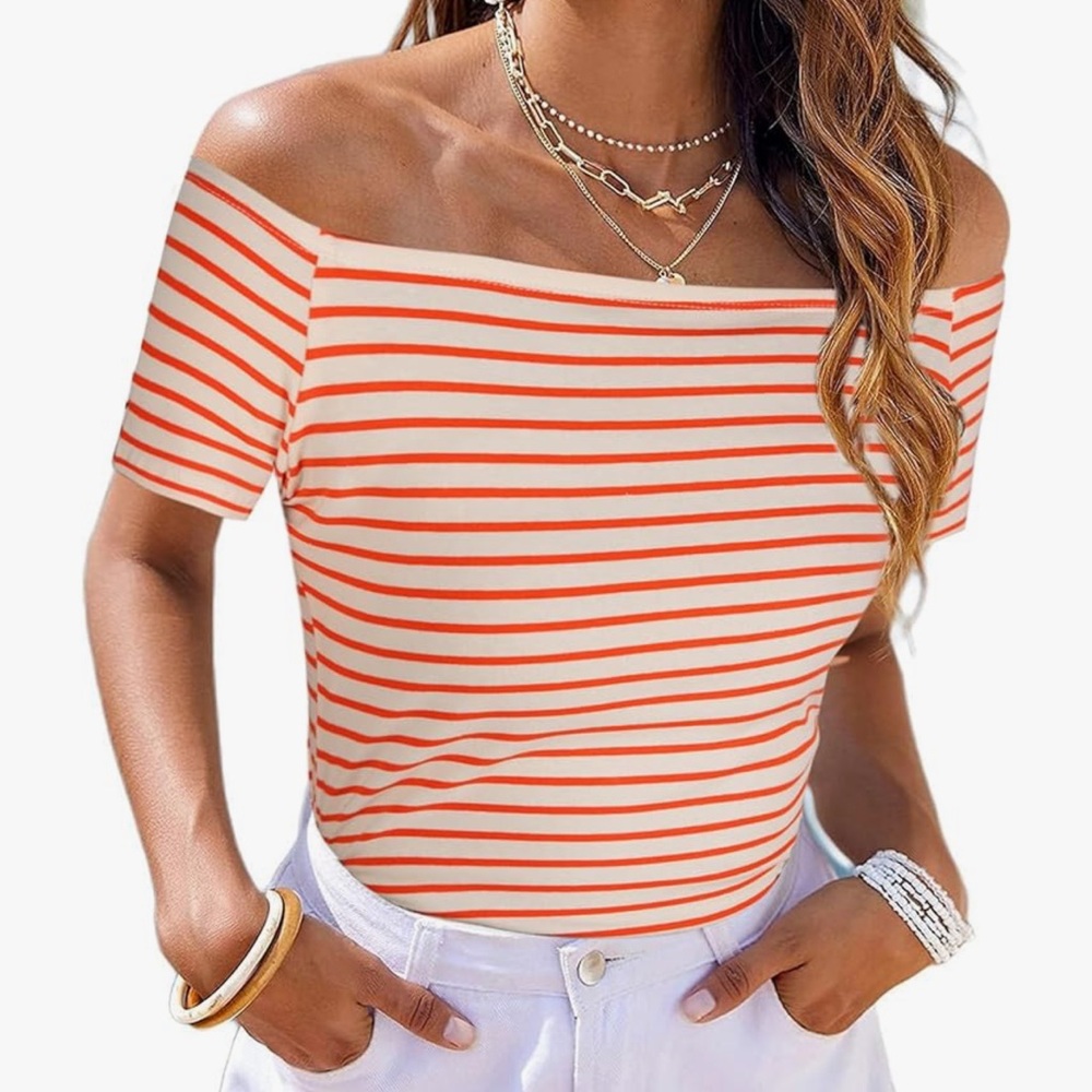 Women's Off-Shoulder Striped Top - Orange and White